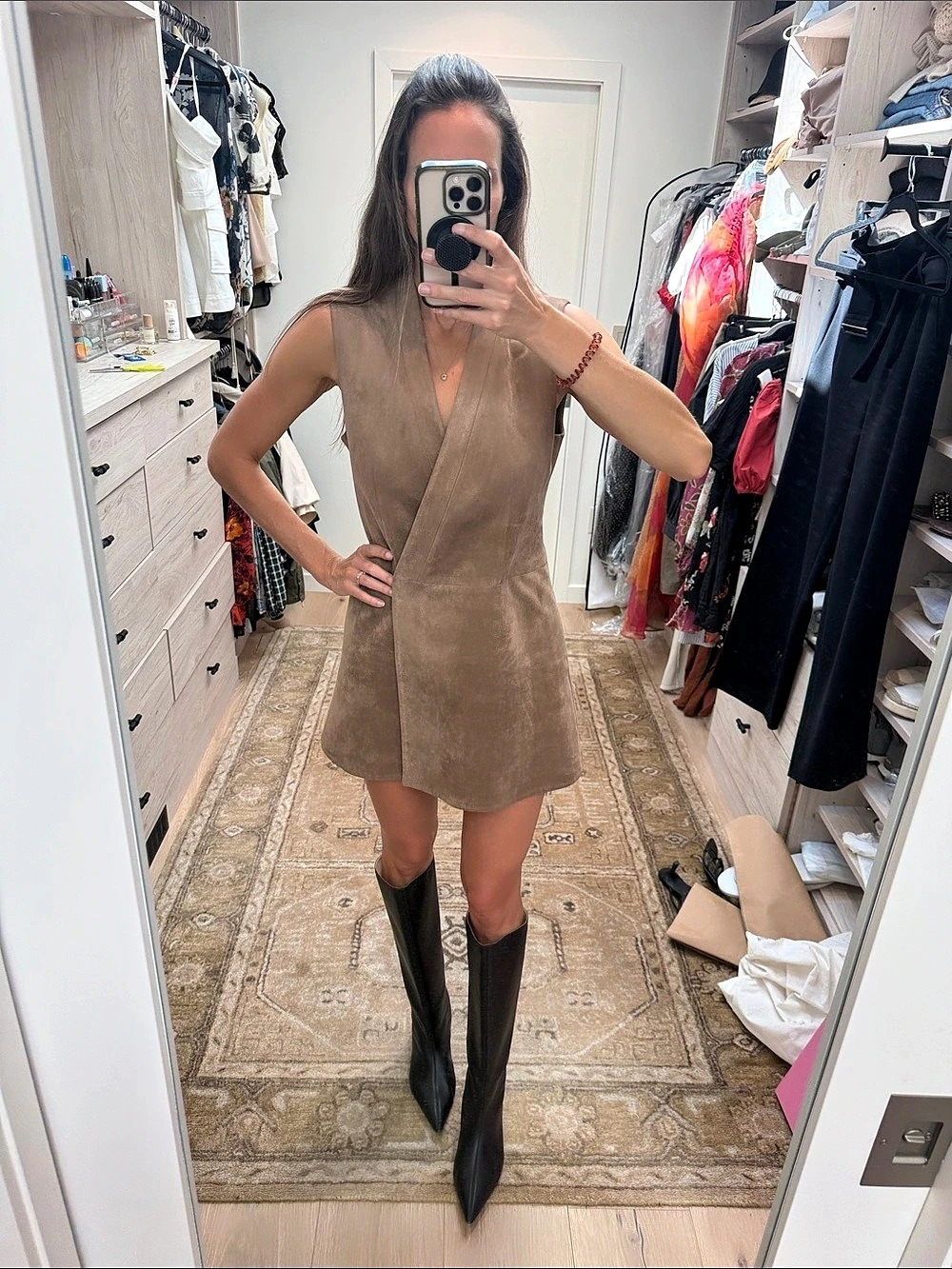 BCBGMAXAZRIA Faux Suede Wrap Mini Dress in Brown Like New